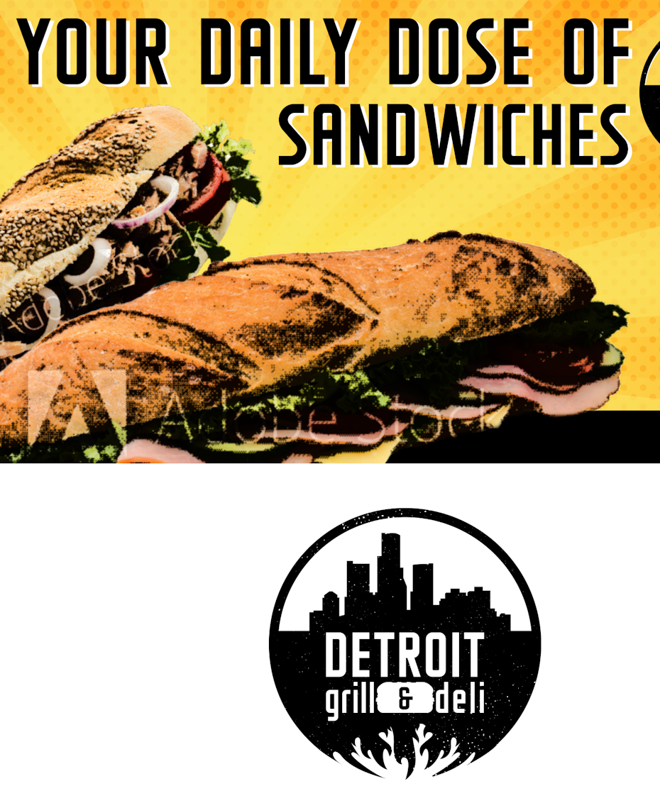 colorful lofi photo of a sandwich and a round logo