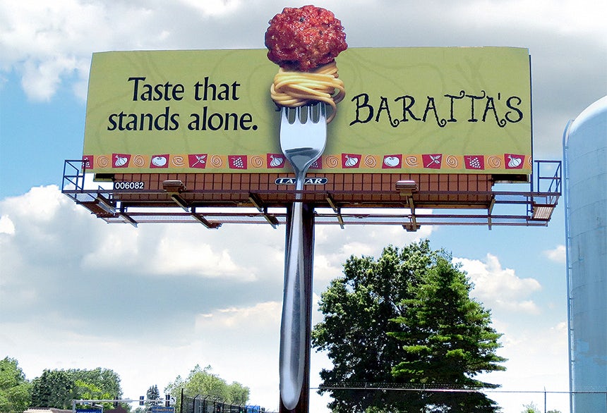 Un exemple de publicités originales sur un panneau publicitaire pour Baratta