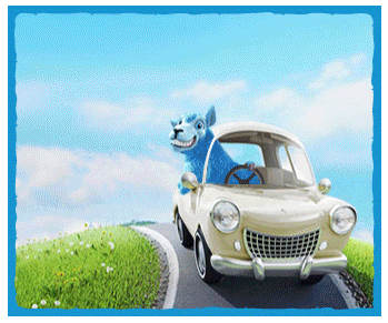 Humorous animated car hire ad featuring a blue sheep