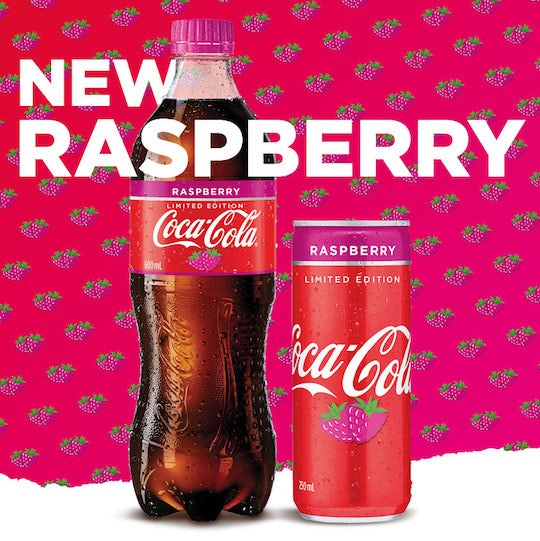 ad showing a can of raspberry coke beside a bottle of raspberry coke