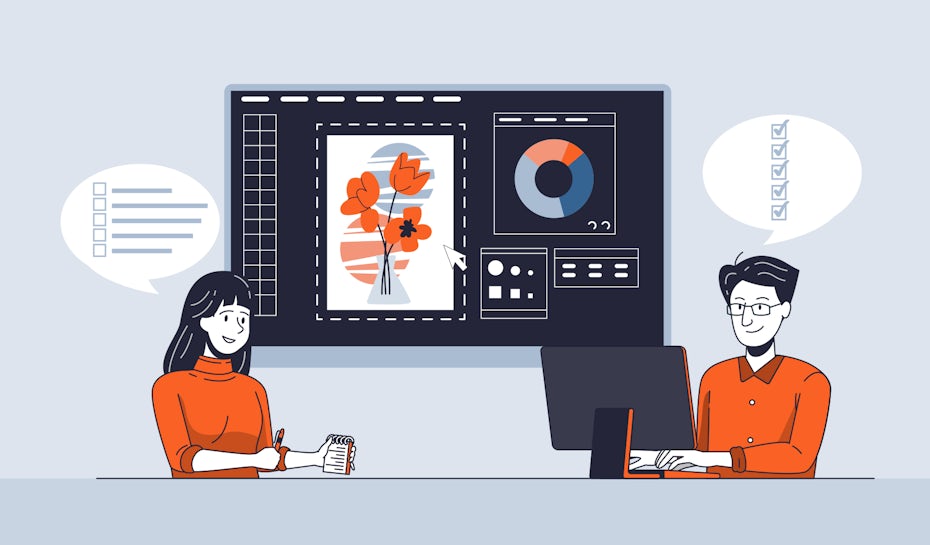 illustration of two people working on website mockup designs