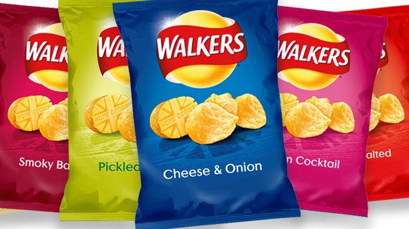 multiple flavors of Walkers crisps next to each other