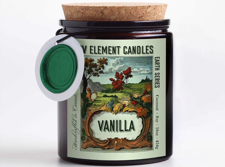 candle with a colorful label