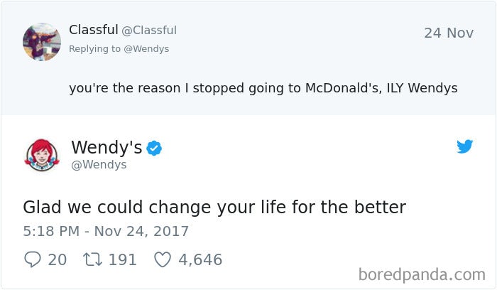 screenshot of an interaction between Wendys and a fan on Twitter