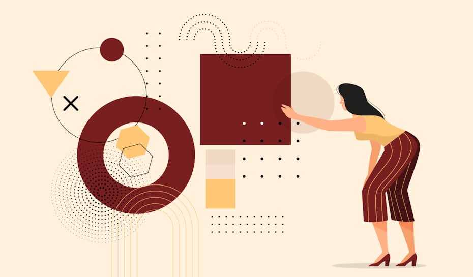 Illustration: Eine Vielzahl verschiedener Formen im Hintergrund, eine Frau greift nach einem Quadrat