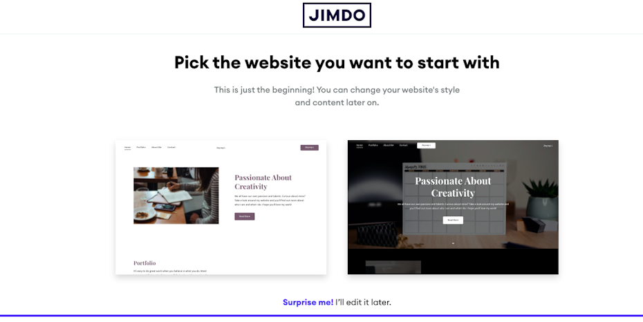 screenshot of Pick the website you want to start with page