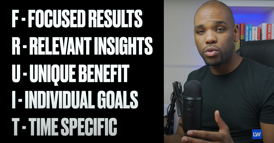 on the left: FRUIT = Focused results, relevant insights, unique benefit, individual goals, time specific, on the right: and man speaking into a mic