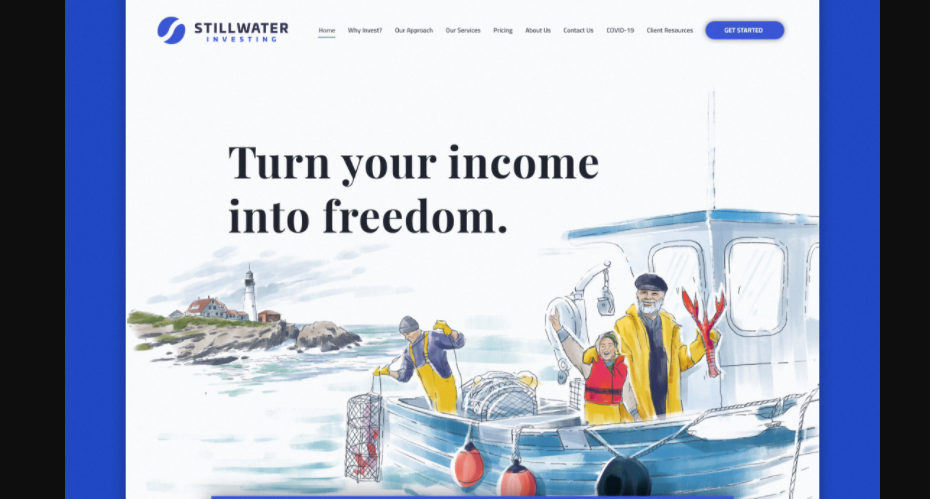 illustration-style website design showing a boy and a man on a lobster boat while another man brings up a lobster trap
