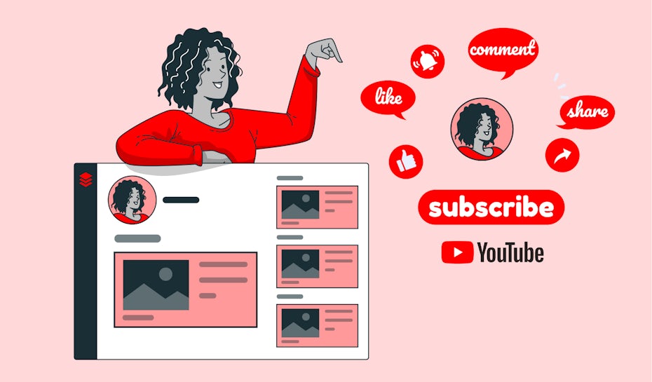 Youtube-thematische Illustration eines Influencers, umgeben von Youtube-Symbolen und -Funktionen
