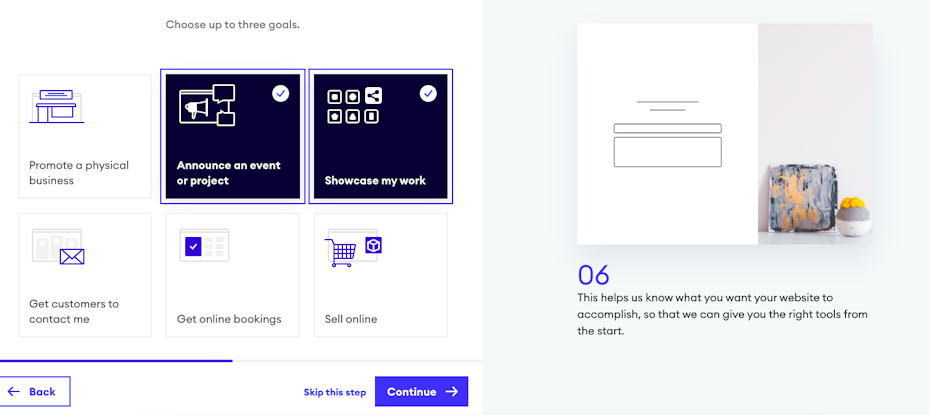 screenshot of “What are the goals for your website?” page