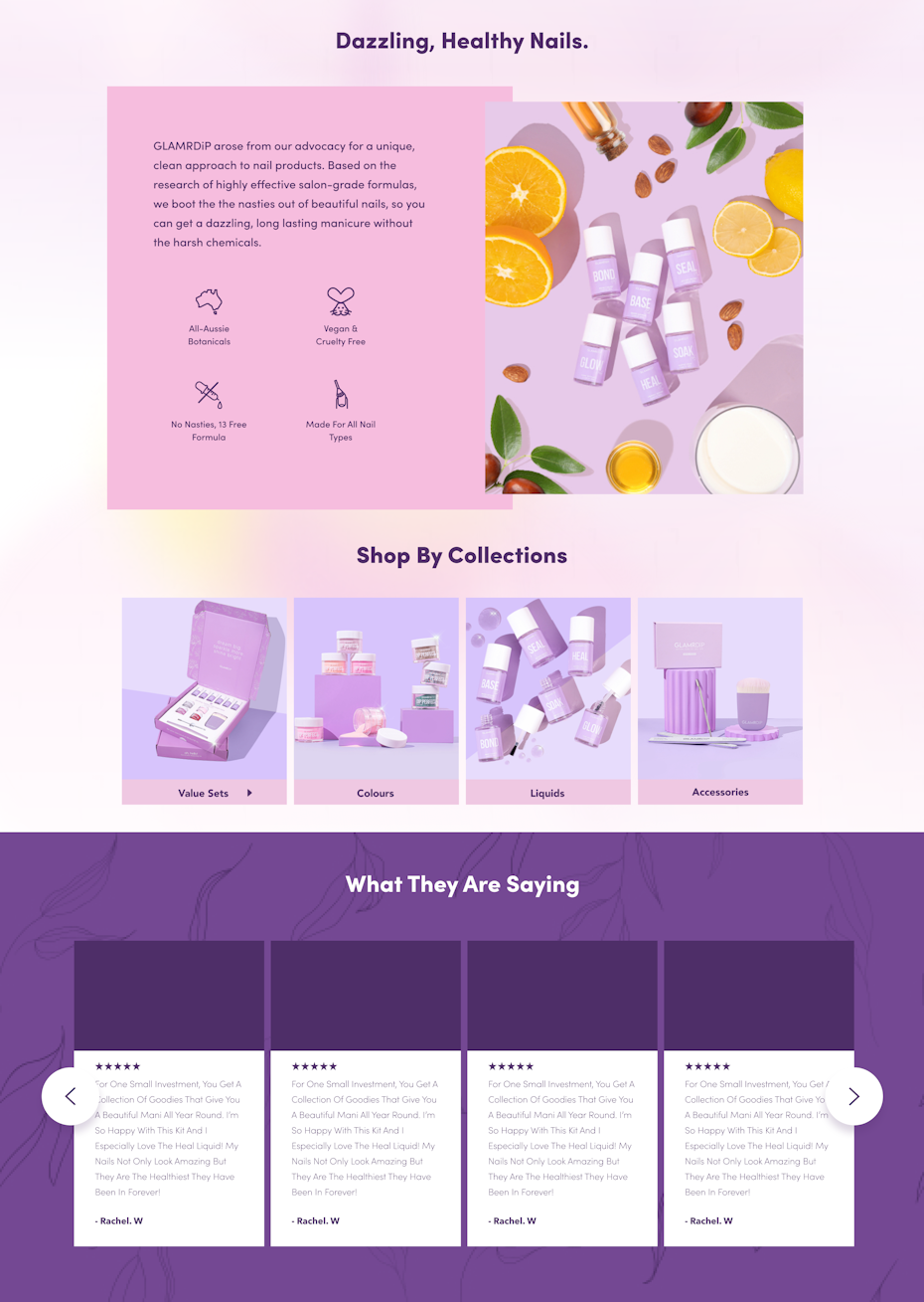 Diseño de sitio web de cosméticos con temática rosa y lila.
