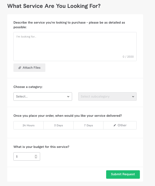 Screenshot of Fiverr Buyer Request form for Fiverr vs Upwork comparison
