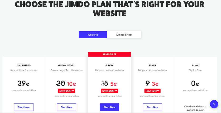 screenshot of Jimdo plan page