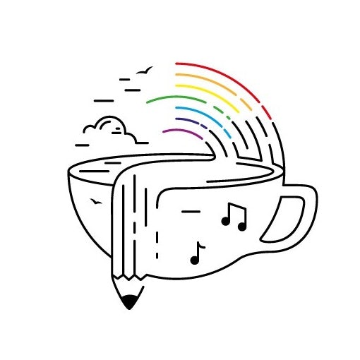 Liniendarstellung einer Kaffeetasse, eines Regenbogens, Musiknoten und eines Bleistifts