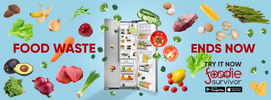 Facebook-Banner, der zeigt, dass Lebensmittel aus einem Kühlschrank fliegen