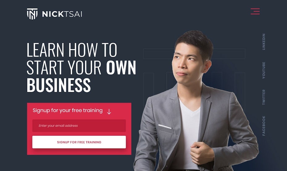 website design showing a man and a red CTA button