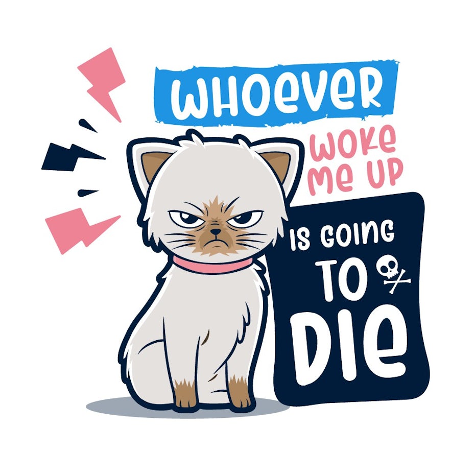 ilustración de un gato de dibujos animados molesto con texto