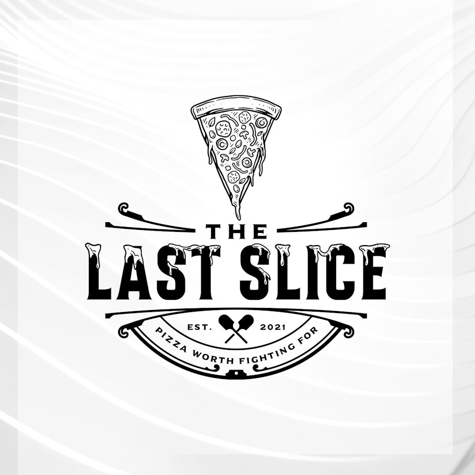 black and white logo with an image of a pizza slice