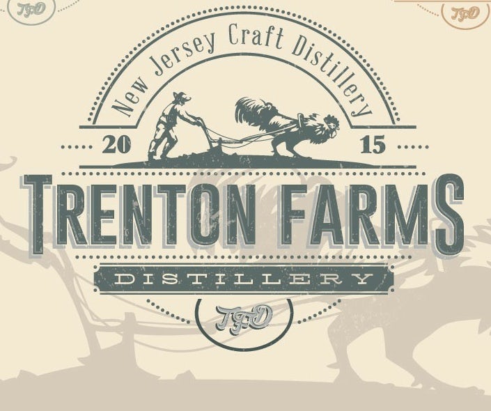 rustic distillery logo showing a man and a rooster plowing a field