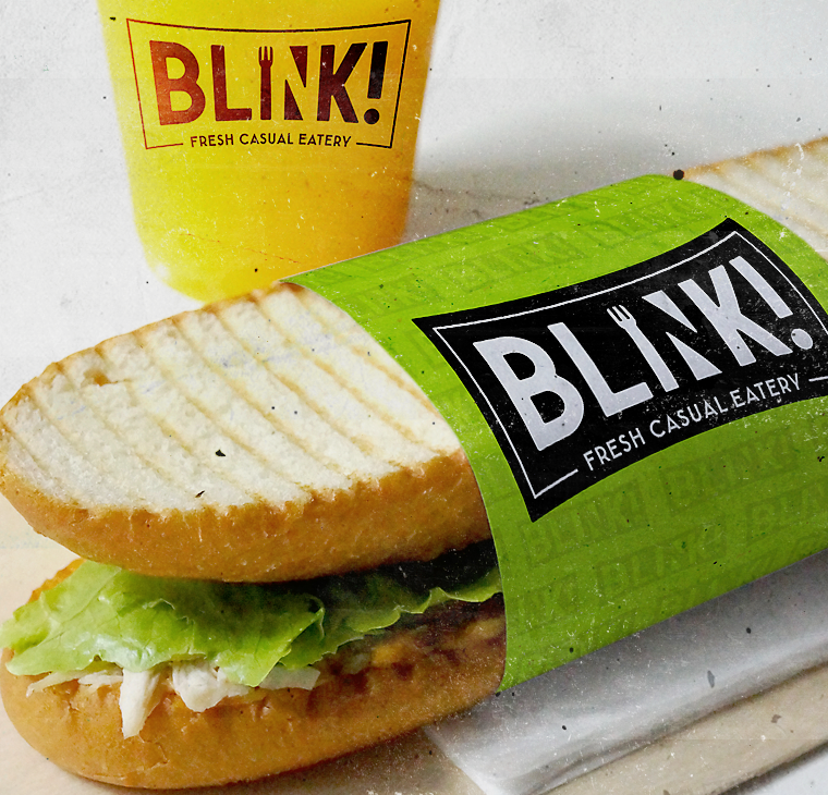 sandwich wrap, bag and disposable cup with Blink! logo