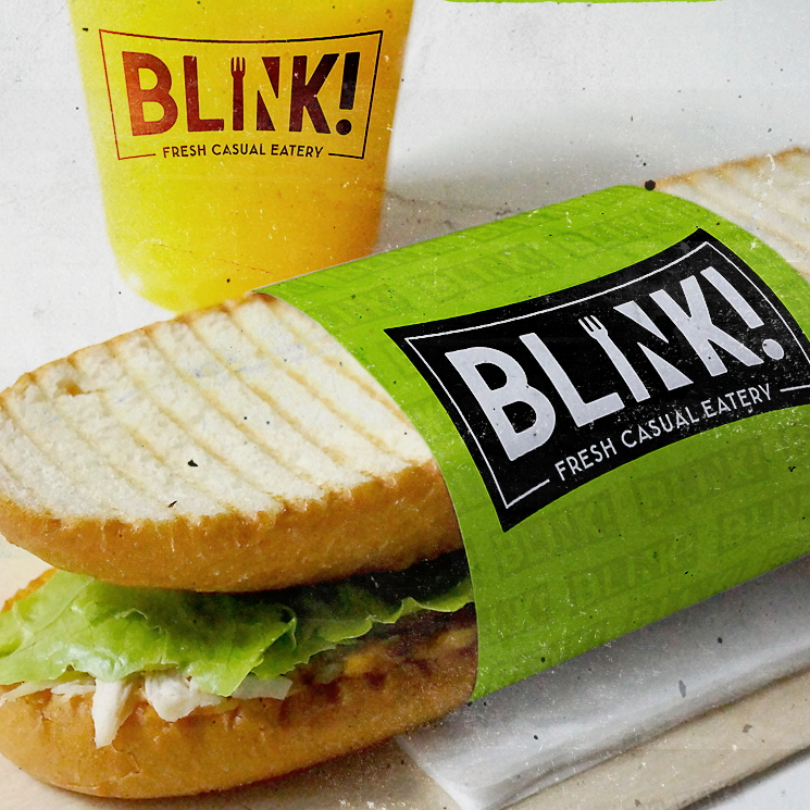 sandwich wrap, bag and disposable cup with Blink! logo