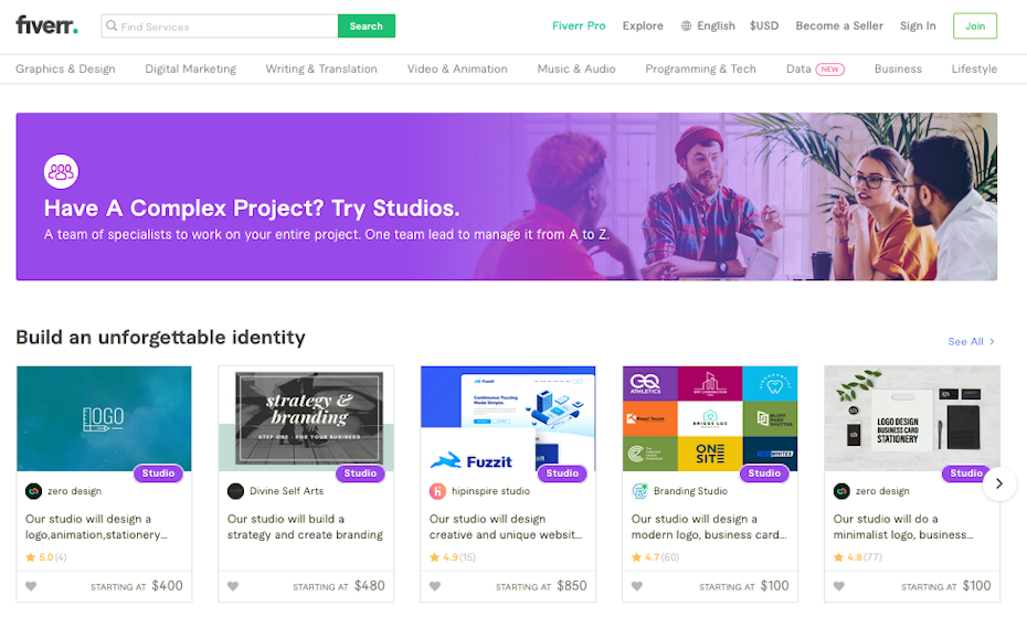 Screenshot von Fiverr Studios für Fiverr vs Upwork vergleich