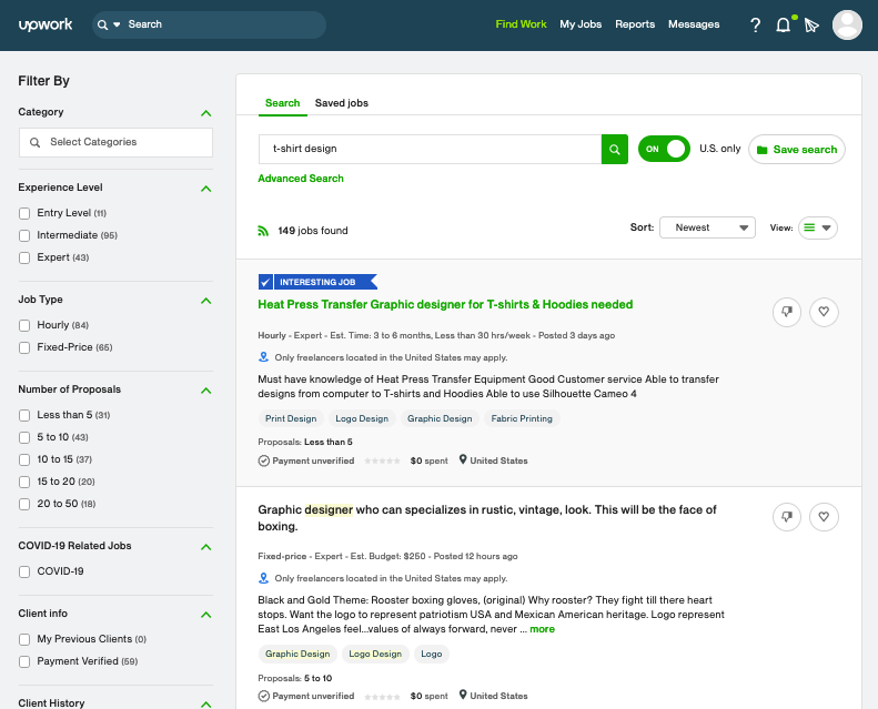 Screenshot von Upwork job liste für Fiverr vs Upwork vergleich