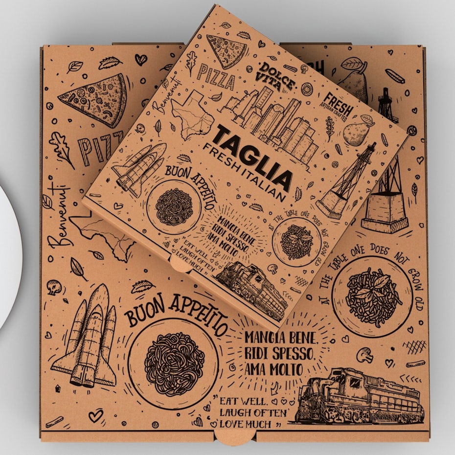 To-go pizza logo and packaging