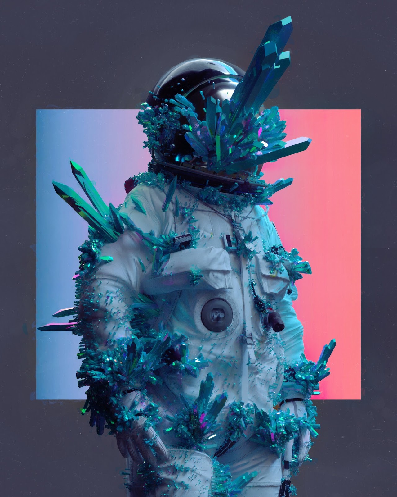 Space Man with rocks and crystals protruding out of him on red and blue lit background