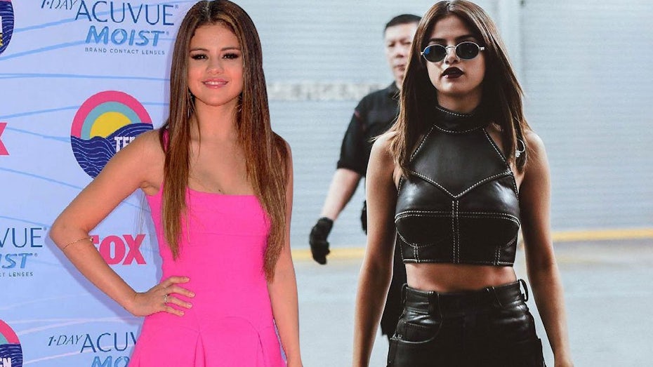 two images of Selena Gomez side by side, one in pink and one in black
