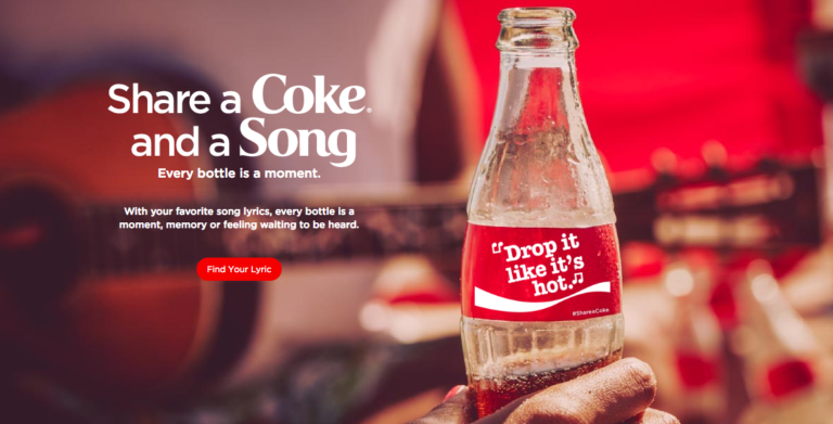 Coca Cola ad with white text and a button
