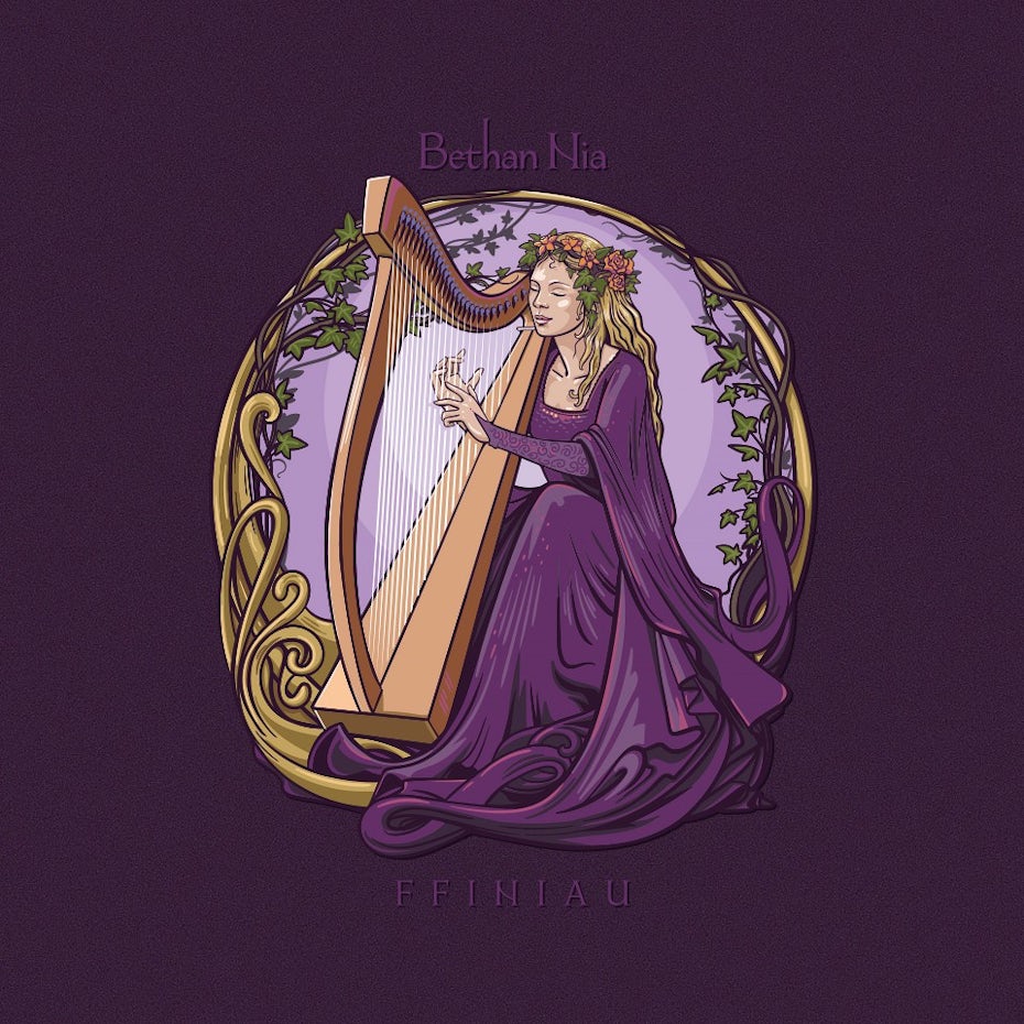 Woman sitting playing a harp with vines and flowers in a circle around her