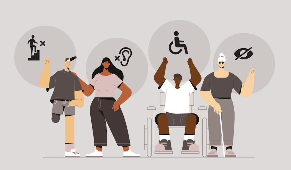 illustration of four people with disabilities and respective symbols