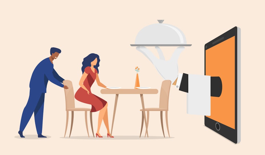 illustration: Eine Frau sitzt an einem Tisch mit einem Servierteller, der für sie aus einem Bildschirm kommt