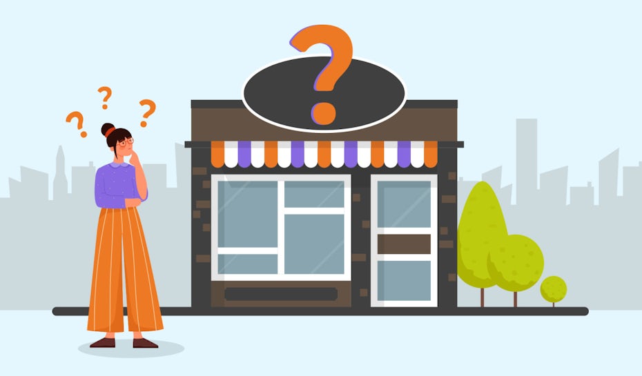 unternehmensname - Illustration einer Person, die vor einem namenlosen Geschäft steht