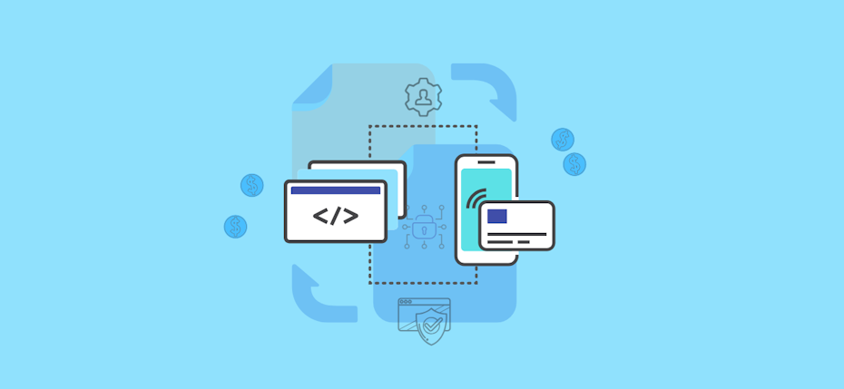 blue graphic showing a credit card, a website and a phone