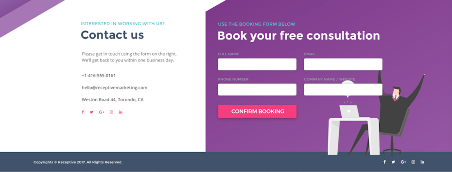 contact page and consultation page side-by-side with clear division of sections