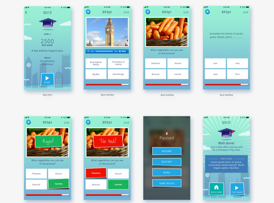 Mobile trivia education game UI design