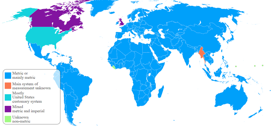 world map showing measurement systems in each country