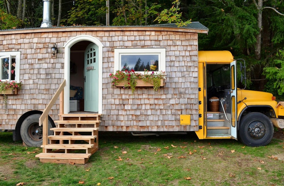 school bus converted into a small house