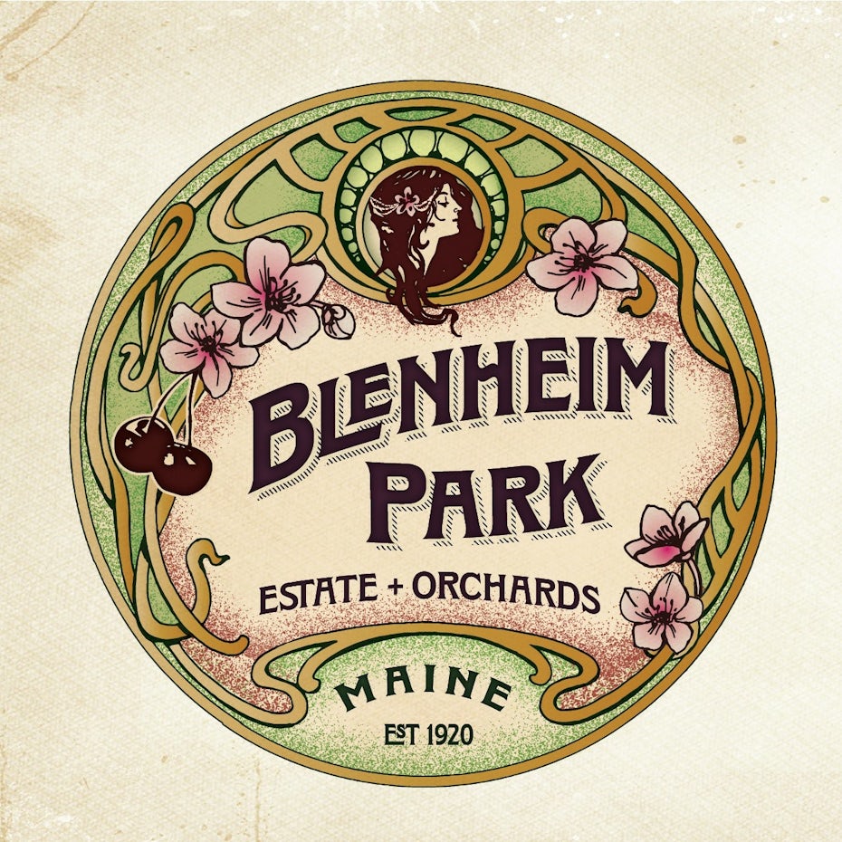 Logo design with imagery of woman, flowers and circular lines