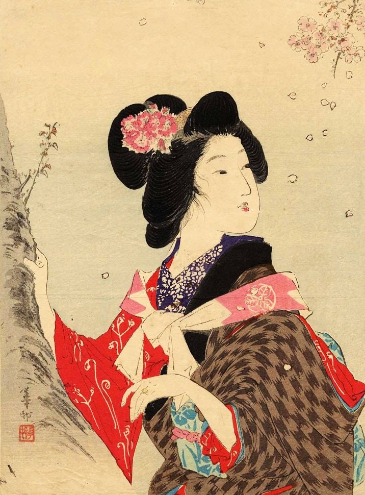 Woman looking of the side, Ukiyo-e style woodblock printing