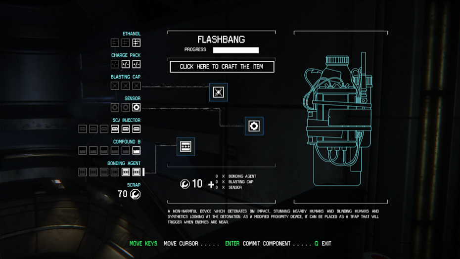 Crafting menu for Alien: Isolation