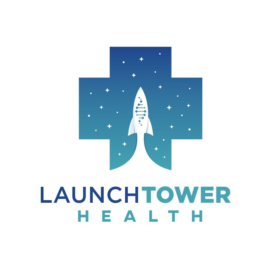 cross-shaped blue and green logo with a rocket