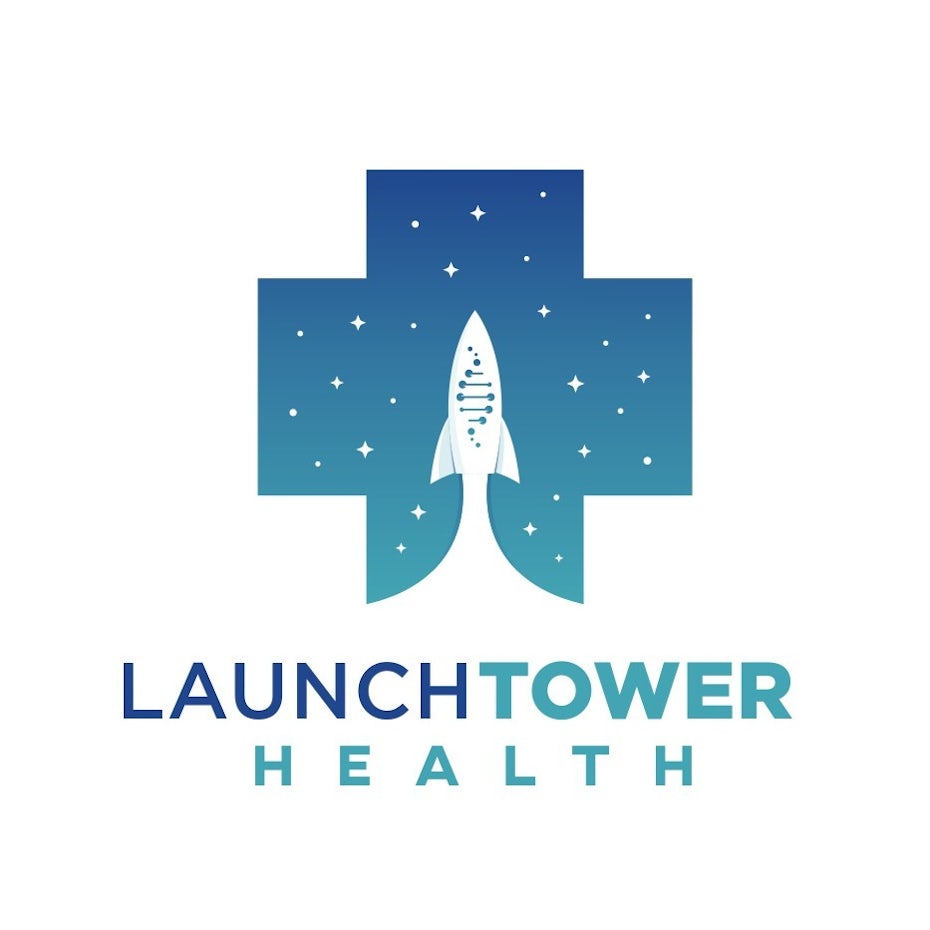 cross-shaped blue and green logo with a rocket