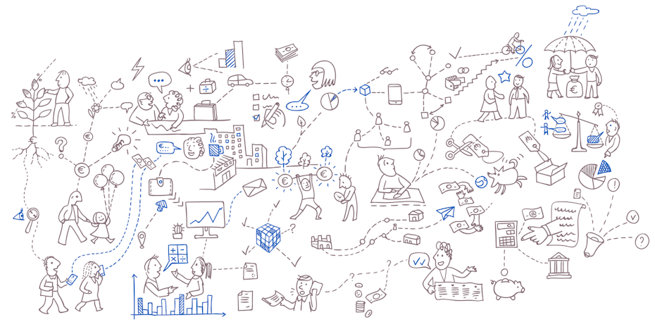line illustration of people in all different interactions in gray and blue