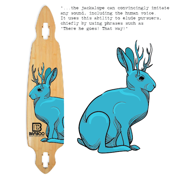 skateboard deck featuring a blue jackalope