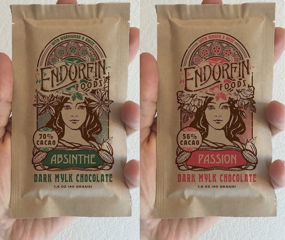 Organic chocolate packaging with woman and intricate curved lines