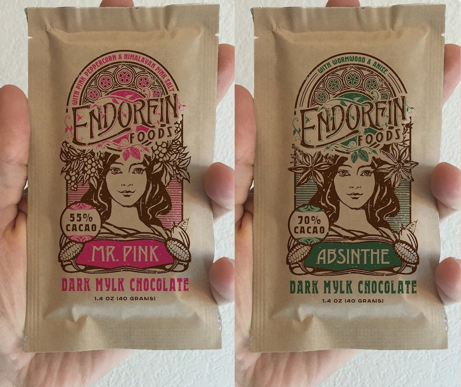 Organic chocolate packaging with woman and intricate curved lines