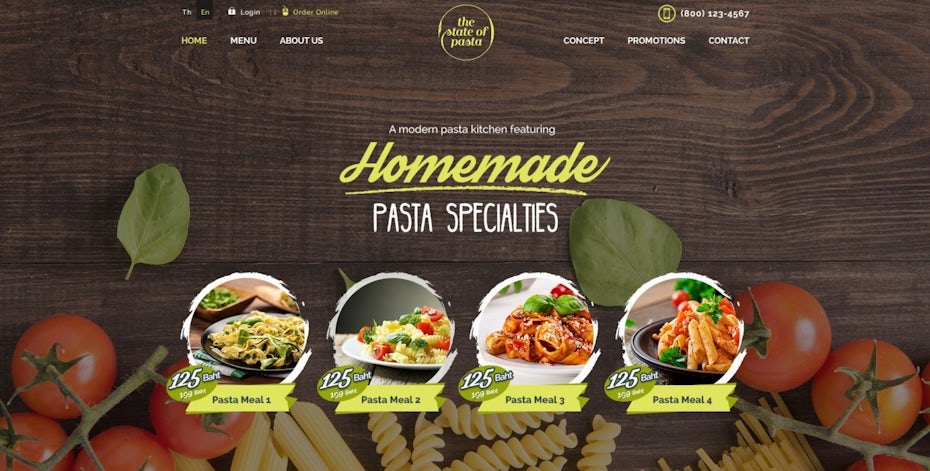 colorful pasta restaurant website design featuring bowls of pasta